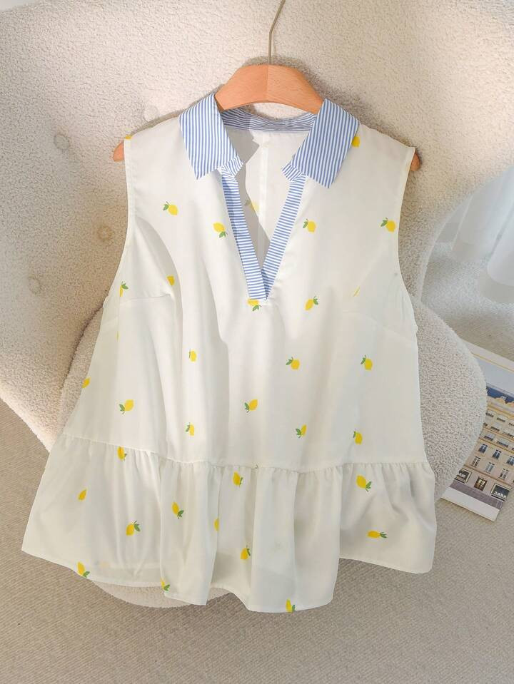 CosyJoli Plus Size Casual Striped Patchwork Lemon Embroidered Asymmetric V-Neck Blouse | SHEIN