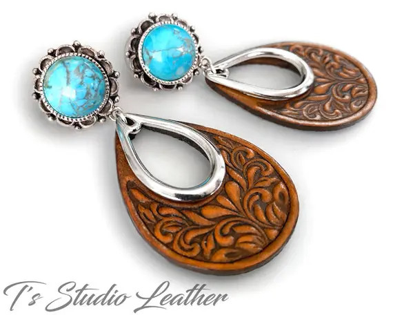Brown Tooled Leather Hoop Earrings with Turquoise and Silver Accents - Floral Motif Boho Jewelry | Etsy (US)