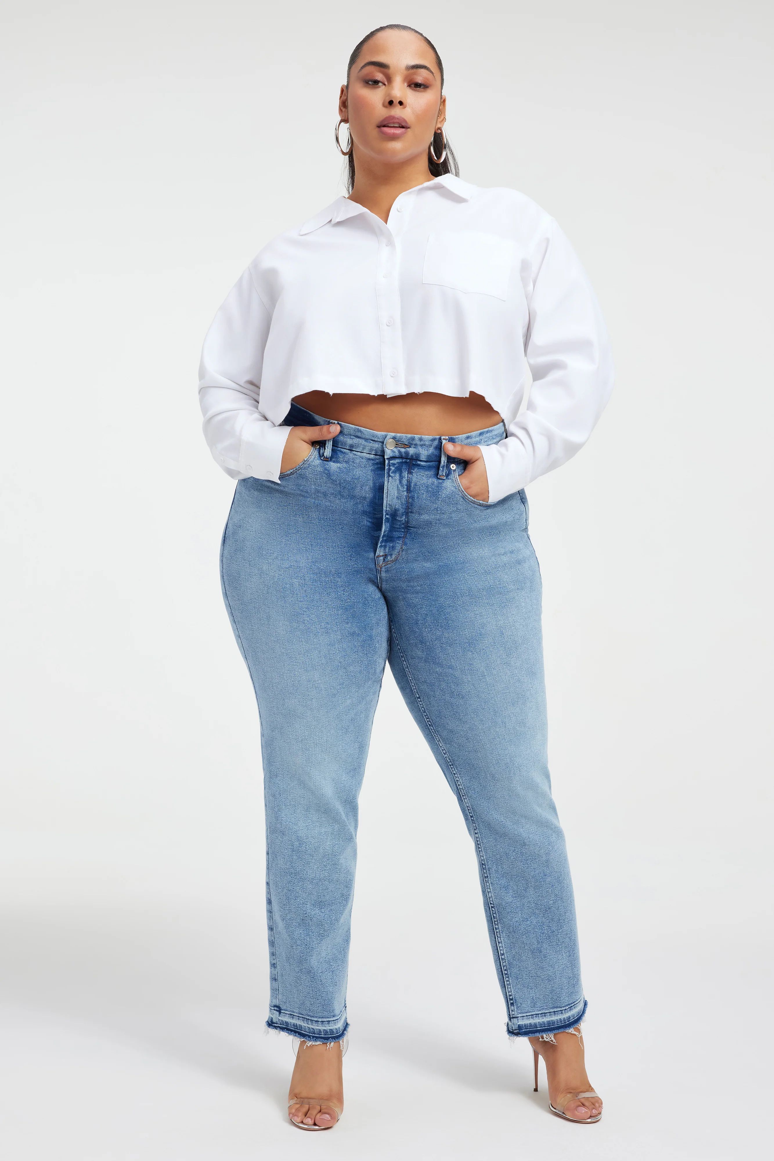 DISTRESSED OXFORD CROPPED SHIRT | WHITE001 - GOOD AMERICAN | Good American