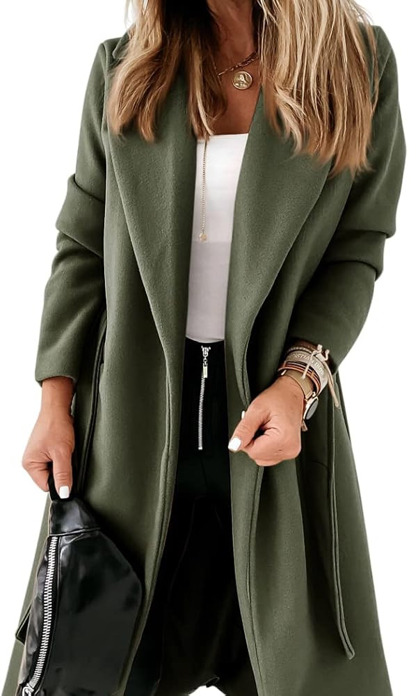 Womens Classic Coat Lapel Collar Open Front Belted Long Jacket | Amazon (US)
