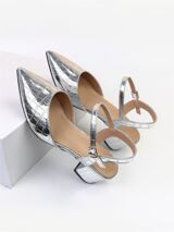 Women Wide Fit Metallic Snakeskin Embossed Point Toe Chunky Heeled Ankle Strap Pumps | SHEIN