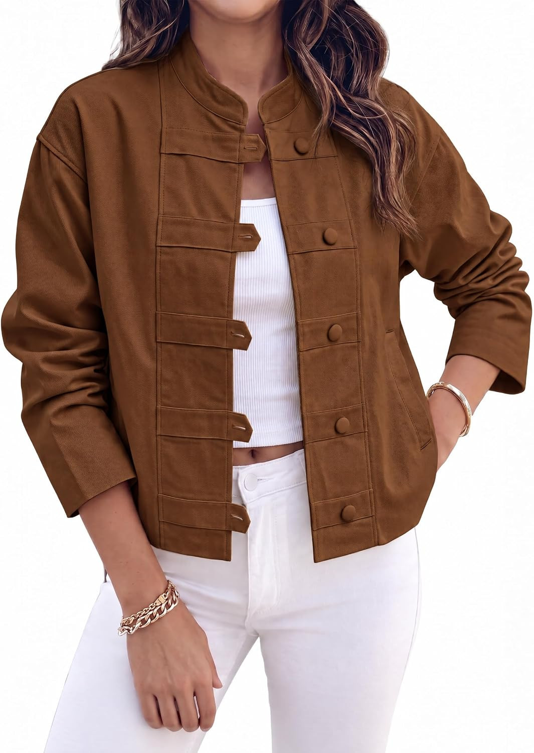 Tankaneo Women Button Down Jackets Cropped Stand Collar Lightweight Coats | Amazon (US)