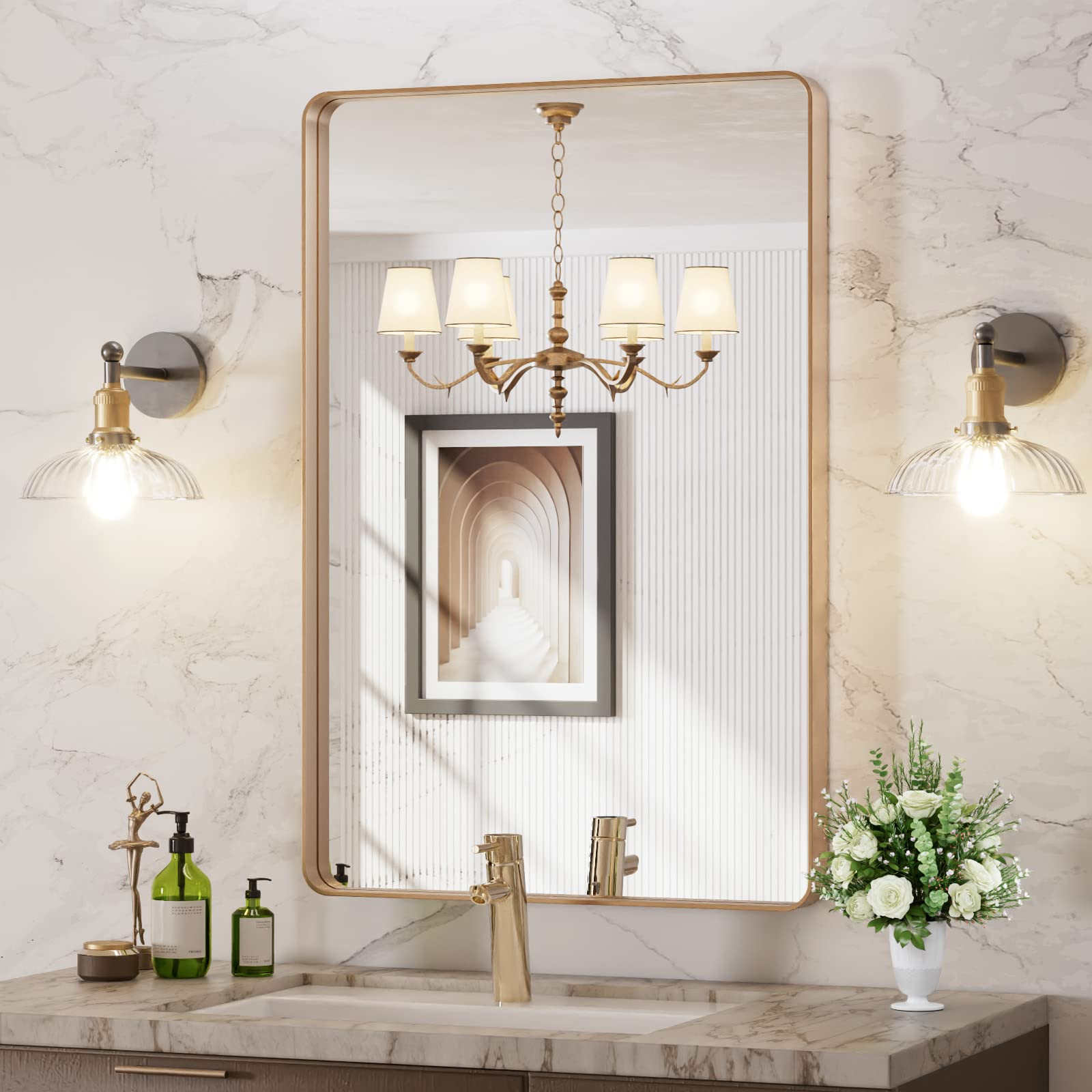 LOAAO 24”X36” Gold Bathroom Mirror, Rounded Rectangle Gold Frame Mirror, Brushed Gold Bathroo... | Amazon (US)
