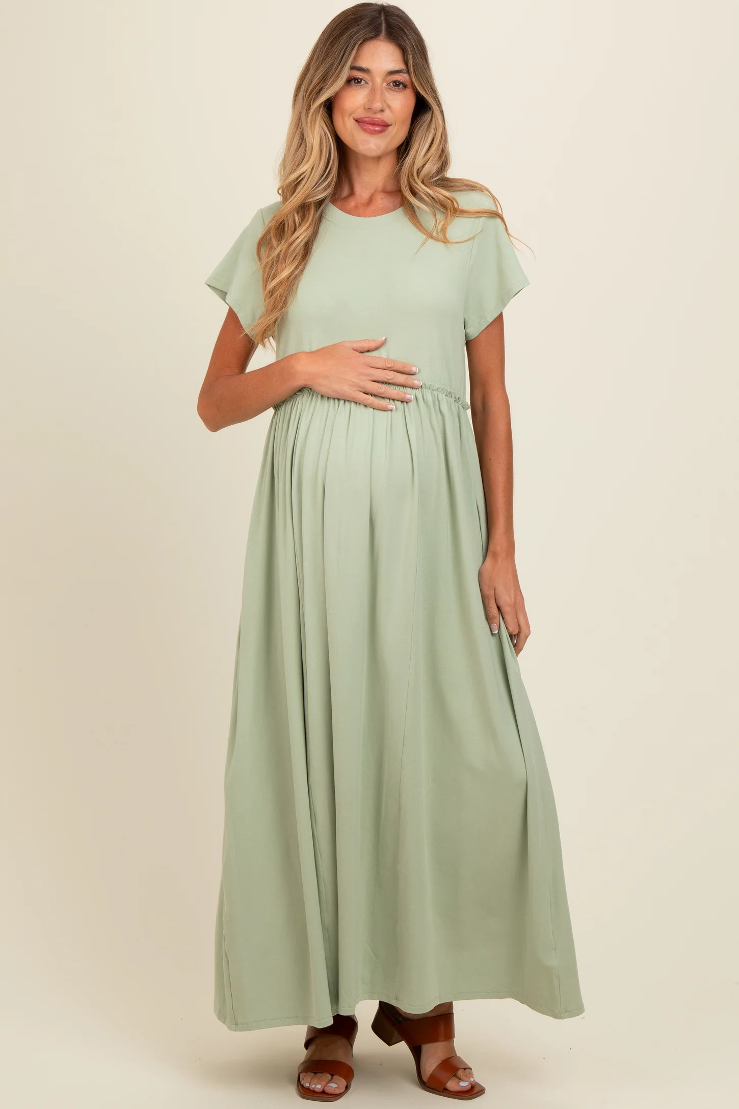 Light Olive Ruffle Trim Maternity Maxi Dress | PinkBlush Maternity