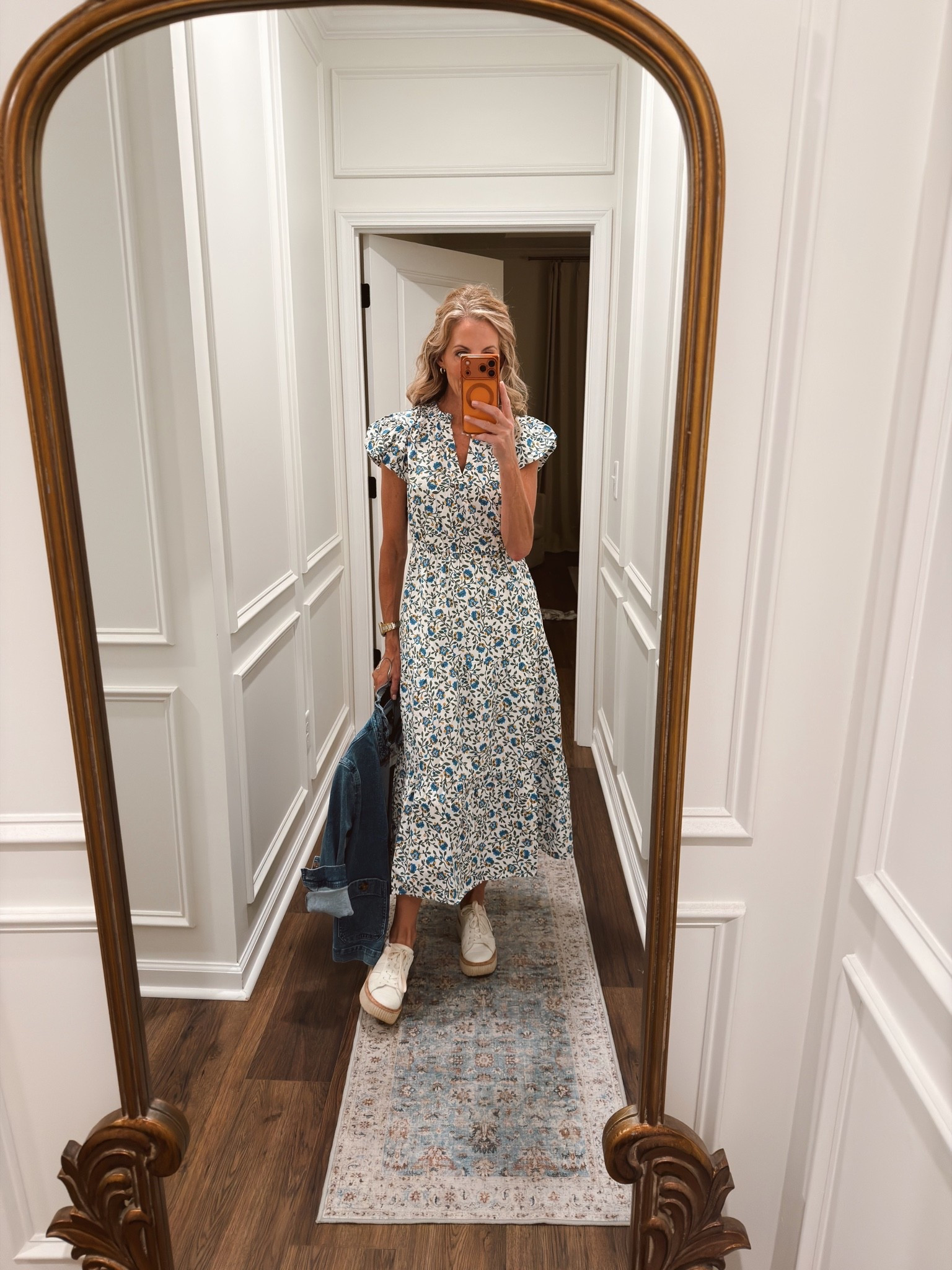 Today’s outfit of the day is this J.Crew factory dress which I love… Comes in a Mommy version wearing the size 2 has pockets so great for School. Also wearing the ruffle denim jacket everything linked here.