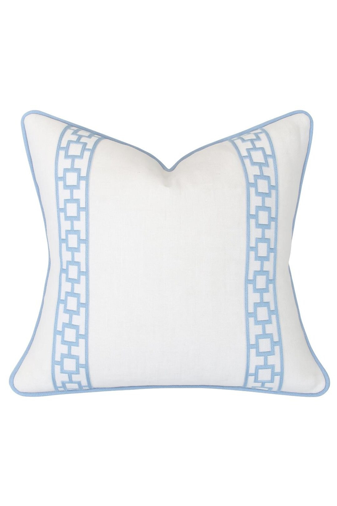 Designer off white linen Pillow cover light blue trim tape fretwork lumbar bolster throw Piping d... | Etsy (US)