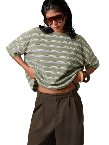 OYOANGLE Women's Oversized Striped T Shirts Ribbed Knit Y2k Going Out Tops | Amazon (US)