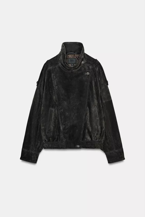 100% SUEDE LEATHER BIKER JACKET WITH COVERED BUTTONS | Zara UK
