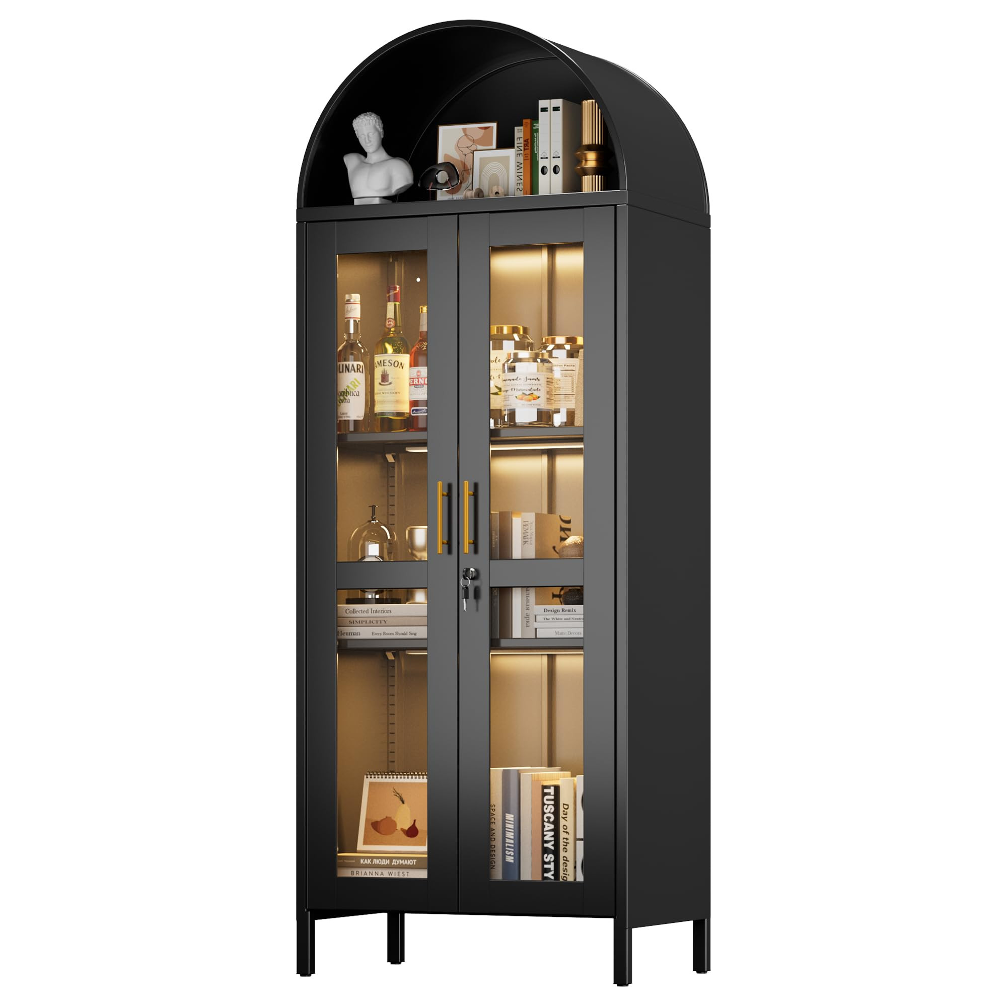 Metal Arched Display Cabinet with 3 Lights,Lockable Arch Cabinet with Glass Doors and 2 Adjustabl... | Amazon (US)