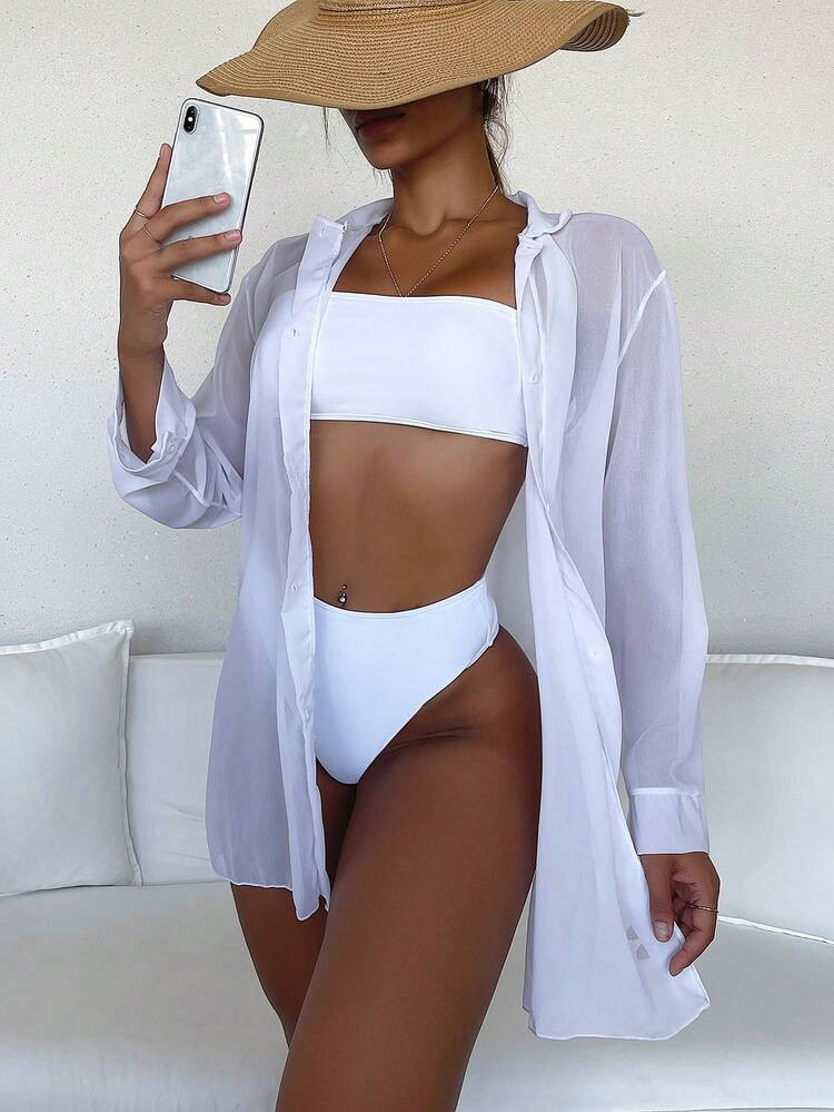 SHEIN Swim Summer Beach Casual Long-Sleeved Blouse For Women Solid Color Beach Vacation Open-Collar Kimono | SHEIN