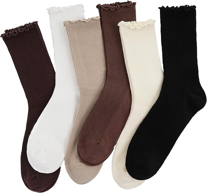 6 Pairs Ruffle Socks for Women，Frilly Socks Women，Solid Color Cute Ankle Lettuce Edge Soft Cr... | Amazon (US)