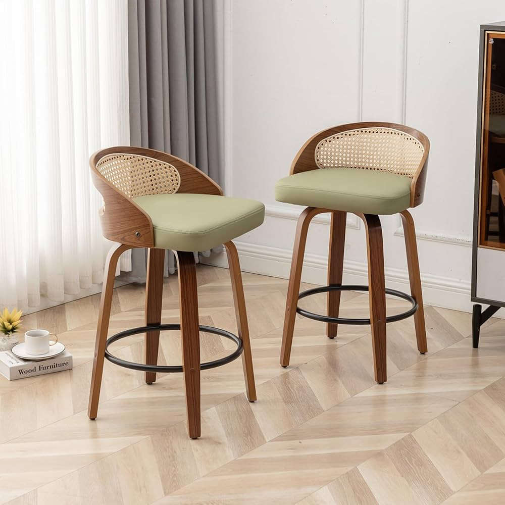 30" Swivel Rattan Bar Stools Set of 2,Mid-Century Modern Green Faux Leather Upholstered Counter H... | Amazon (US)