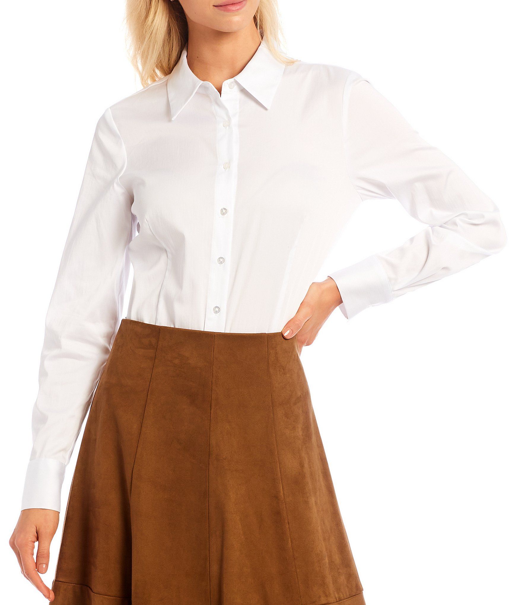 Greta Long Sleeve Point Collar Poplin Bodysuit | Dillard's