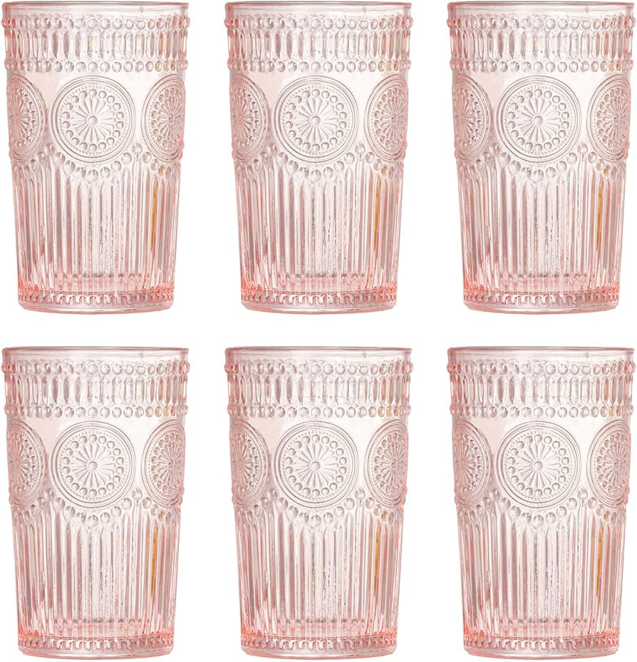 Amazon.com | megarte Vintage Glassware Romantic Drinking Glasses - 12 oz Colored Glassware Emboss... | Amazon (US)
