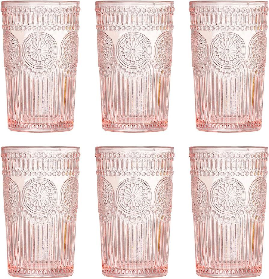 Vintage Glassware Romantic Drinking Glasses - 12 OZ Pink Glassware Embossed Glasses Drinking Set ... | Amazon (US)