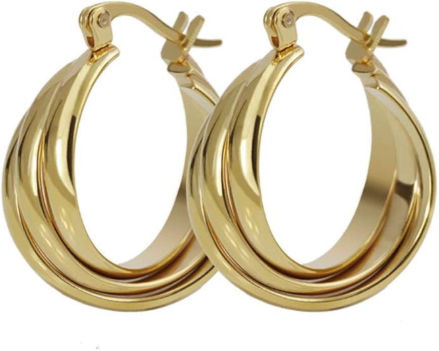 Three Hoops Flat Stainless Steel 14K Yellow Gold Fashion Wide Chunky Hoop Earrings for Women Girl... | Amazon (UK)