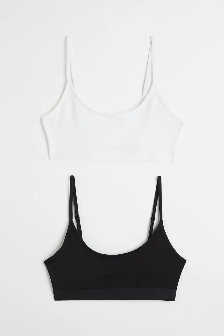 2-pack non-padded cotton bra tops - Deep neckline - Sleeveless - Black/White - Ladies | H&M GB | H&M (UK, MY, IN, SG, PH, TW, HK)