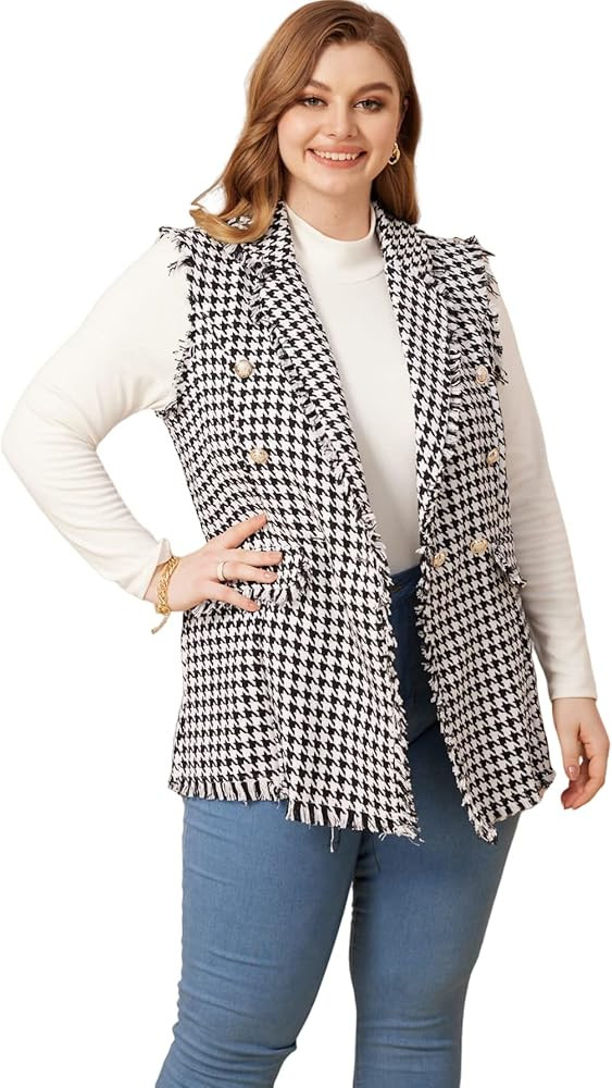 WDIRARA Women's Houndstooth Print Sleeveless Lapel Raw Trim Button Front Long Vest Jacket | Amazon (US)