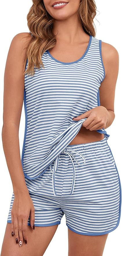 Namatime Womens Cotton Pajama Sets Striped Soft Tank Top and Shorts Pjs Loungewear Ladies 2 Piece... | Amazon (US)