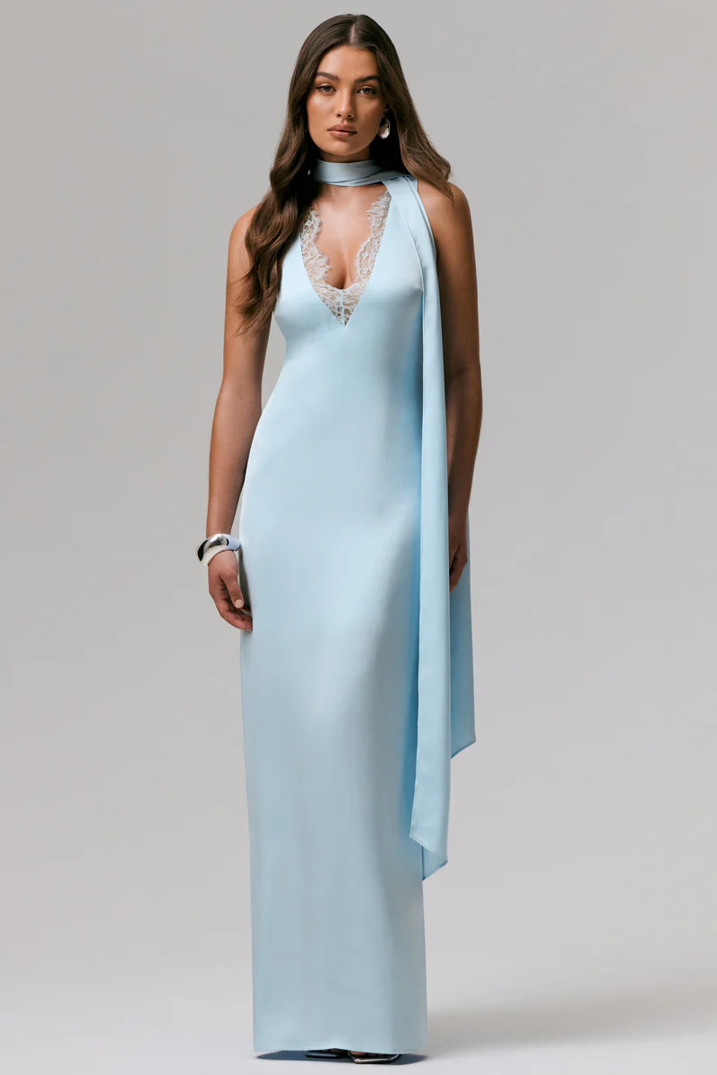 True Icon | Powder Blue Satin V-Neck Maxi Slip Dress With Sash | Club L London