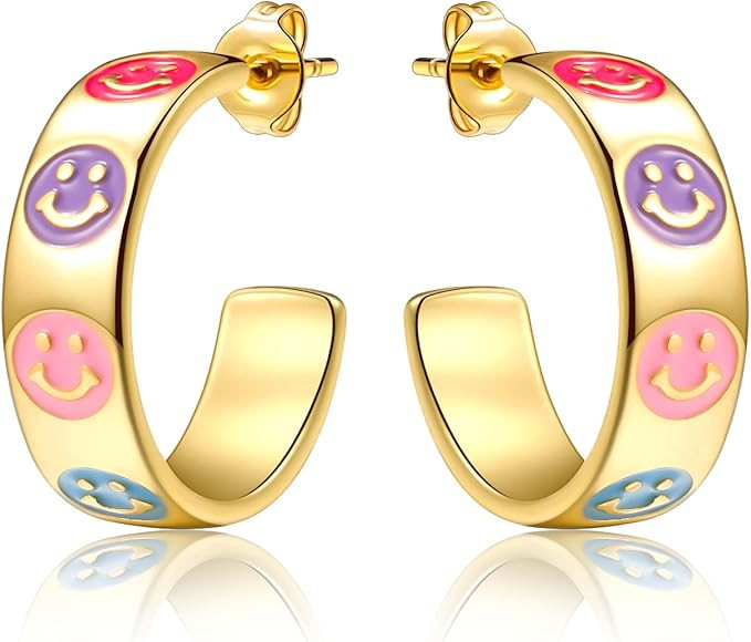 Smiley Face Hoop Earrings for Women, Y2K Earrings 14K Gold Plated Hoop Earrings Lightweight Color... | Amazon (US)