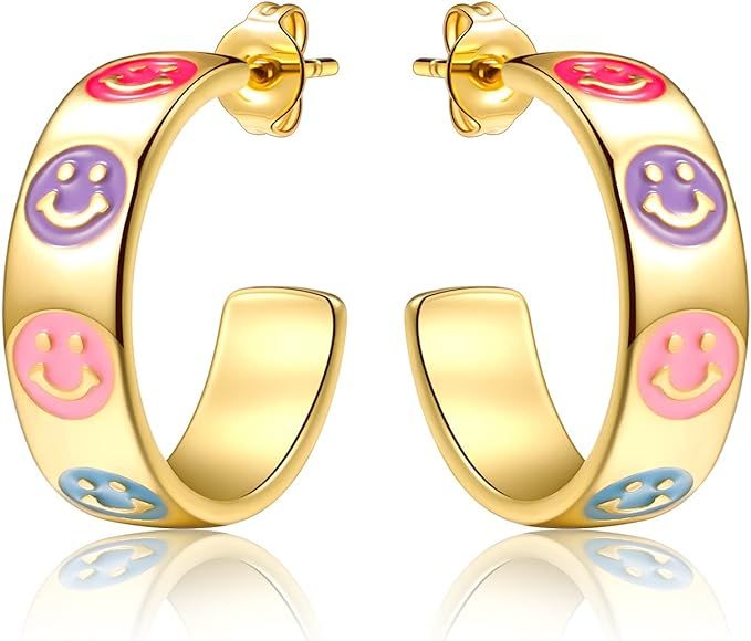 Smiley Face Hoop Earrings for Women, Y2K Earrings 14K Gold Plated Hoop Earrings Lightweight Color... | Amazon (US)