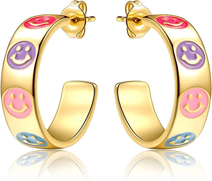 Smiley Face Hoop Earrings for Women, Y2K Earrings 14K Gold Plated Hoop Earrings Lightweight Color... | Amazon (US)