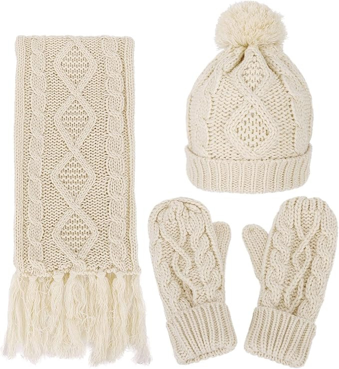 ANDORRA 3 in 1 Women Soft Warm Thick Cable Knitted Hat Scarf & Gloves Winter Set | Amazon (US)
