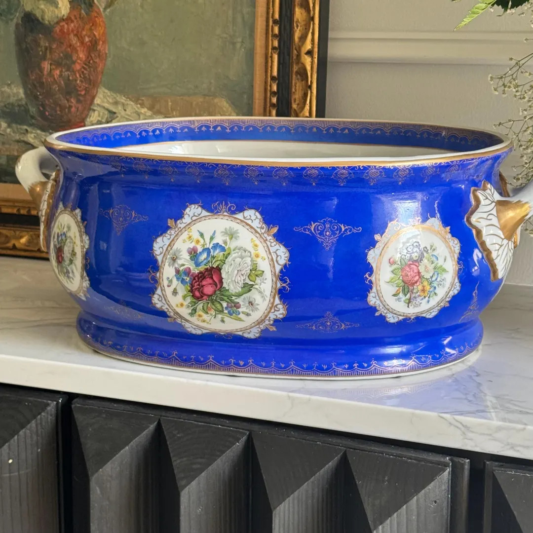 Large cobalt blue Limoges Planter or Footbath with vibrant floral motif & gold accents 22” (18... | Etsy (Global)