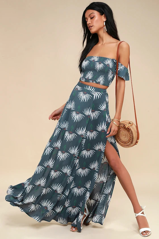 Trancoso Dusty Blue Floral Print Two-Piece Maxi Dress | Lulus (US)