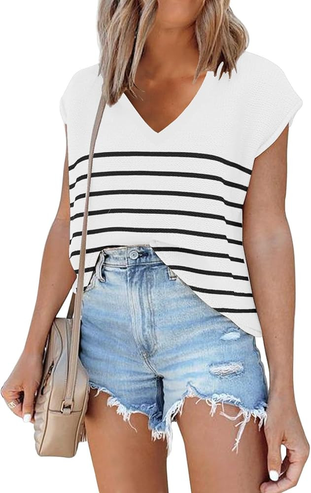 SAUKOLE Women's Sleeveless Sweater Vest Casual V Neck Cap Sleeve Knit Pullover Tank Tops 2024 Spr... | Amazon (US)