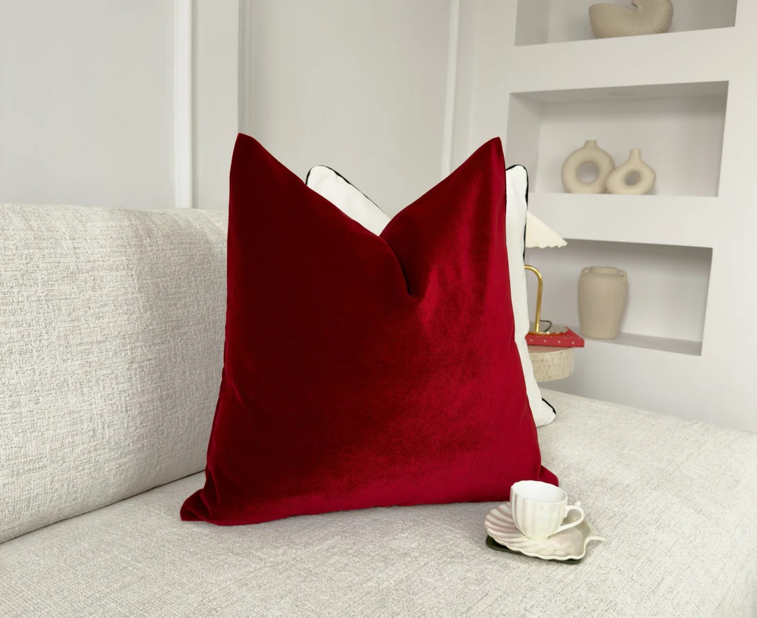 Cotton Velvet Wine Red Pillow Cover Burgundy Scatter Cushion Cover Christmas Decor Throw Pillow C... | Etsy (US)