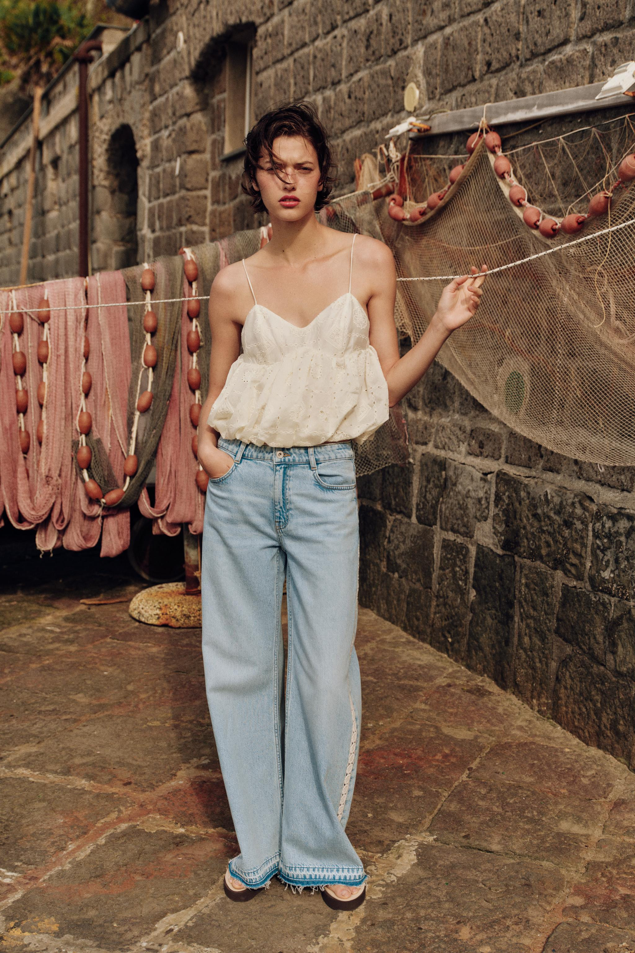 Z1975 HIGH WAIST WIDE LEG CROCHET COMBINED JEANS | Zara US