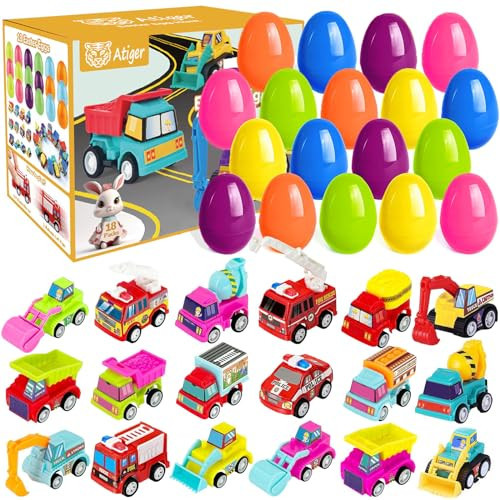 Atiger 18 PCS Easter Egg Fillers with Toys Inside, Easter Basket Stuffers Filled Pull Back Engineering Vehicles Plastic Eggs Party Favors for Kids Easter Egg Hunt Gift for Boys Girl | Amazon (US)