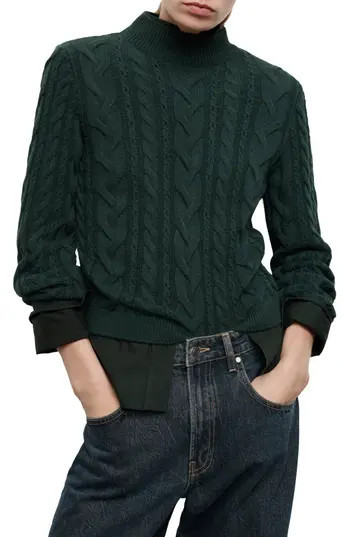 MANGO Cable Stitch Mock Neck Sweater in Green at Nordstrom Rack, Size Medium | Nordstrom Rack