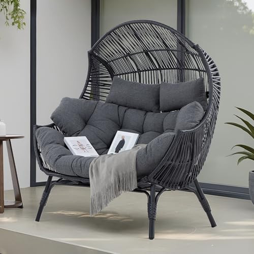 IRONCK Double Egg Chair Outdoor, 2 Person Wicker Lounge Chair, Oversized Thickened Padded Cushions and Headrests, 680 Lbs Egg Loveseat for Indoor, Patio, Living Room, Porch, Balcony, Dark Grey | Amazon (US)