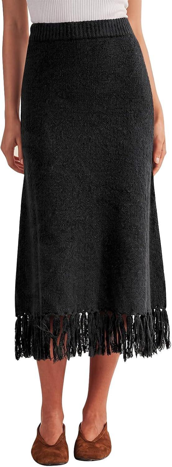 Tankaneo Womens High Waisted Fringe Hem Skirt Casual Midi Skirt | Amazon (US)