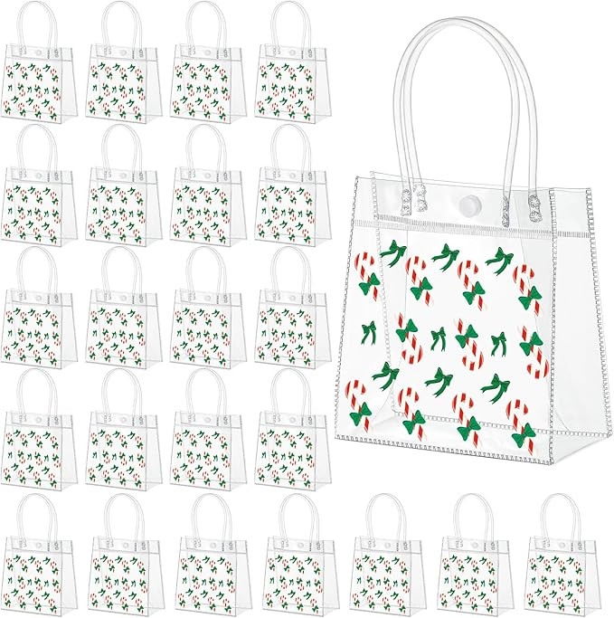 Harloon 24 Pcs Christmas Clear Gift Bags with Handles Plastic Christmas Candy Treat Party Gift Ba... | Amazon (US)