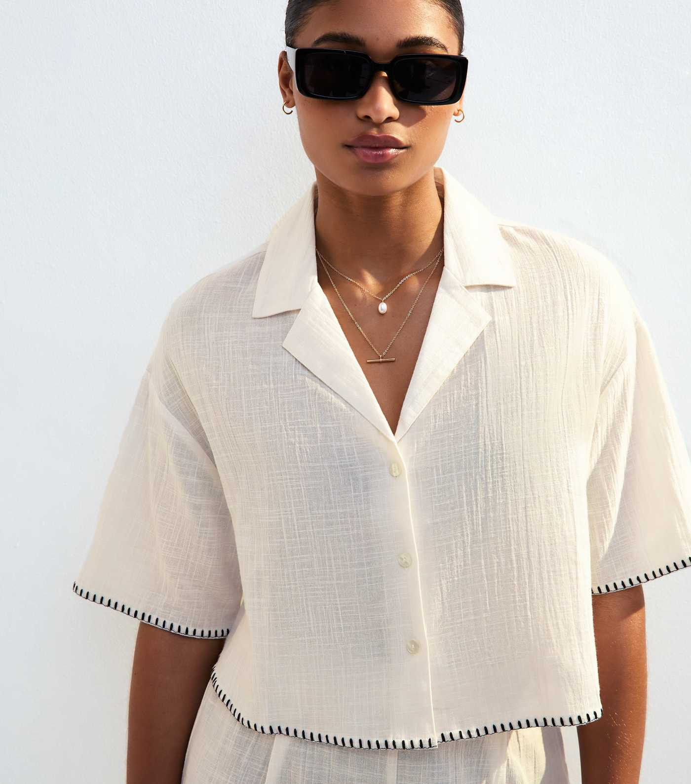 Cream Textured Blanket Stitch Cropped Beach Shirt  | New Look | New Look (UK)
