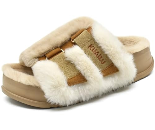 KuaiLu Womens Fuzzy Platform Open Toe Slipper with Arch Support Fluffy Furry Slides Orthotic Faux Rabbit Fur Sandal Indoor Outdoor Beige Size 9 | Amazon (US)