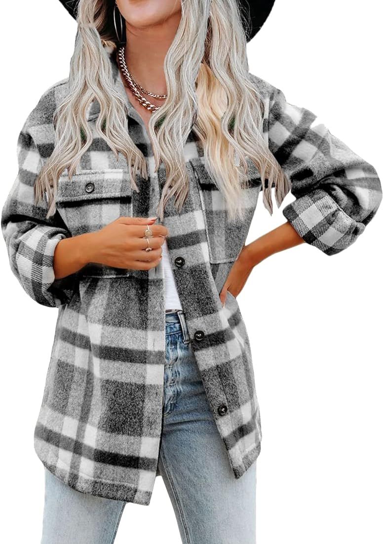 Haellun Womens Wool Blend Plaid Flannel Button Down Shirts Jacket Shacket Coats | Amazon (US)