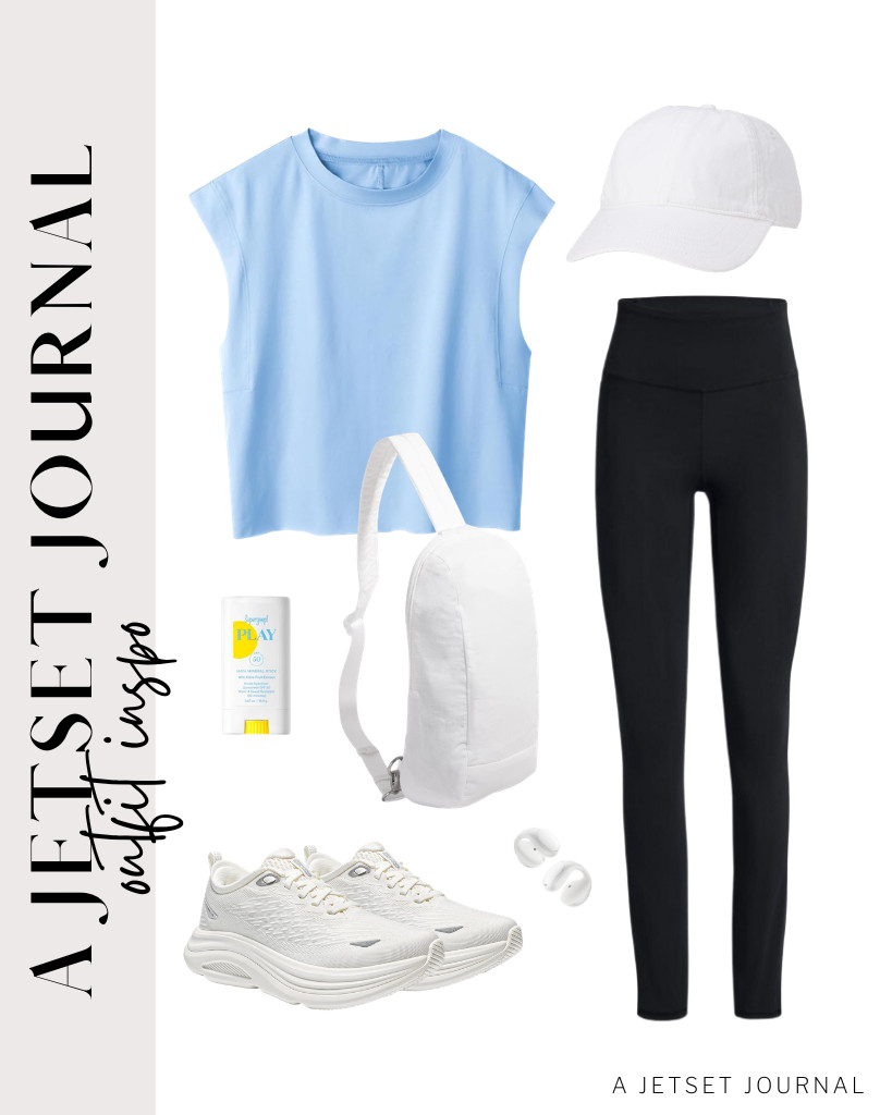 We love this combo of blue tank and black leggings. Add ALLSWIFIT sneakers and a Baggallini sling bag for quick access to your stuff. Adding this trendy baseball cap and earbuds is an awesome way to finish the look.

#LTKSeasonal #LTKSaleAlert #LTKTravel 

 