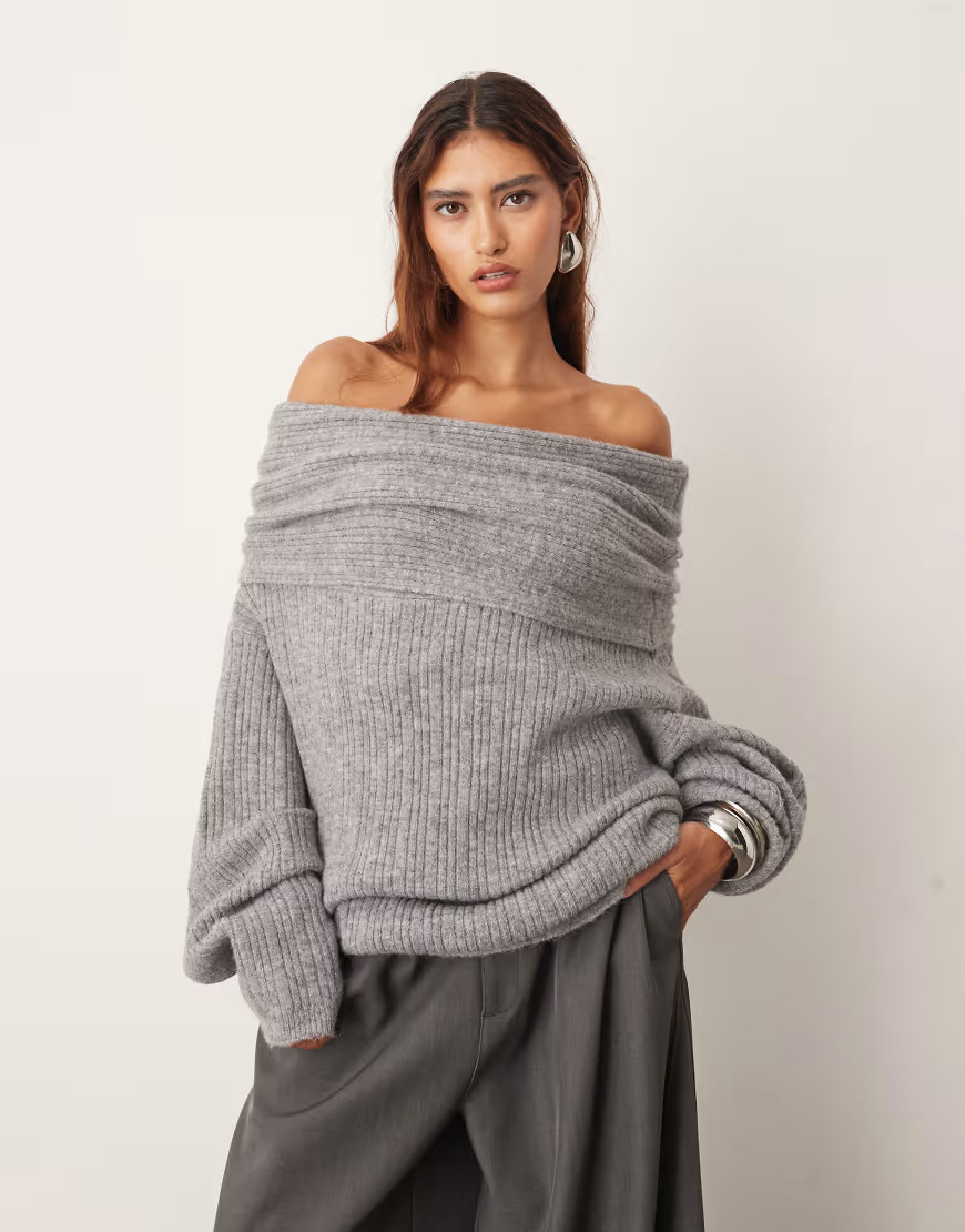 ARRANGE chunky rib knitted off shoulder jumper in charcoal-Grey | ASOS (Global)