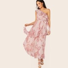 Sleeveless One Shoulder Ruffle Floral Maxi Dress | SHEIN