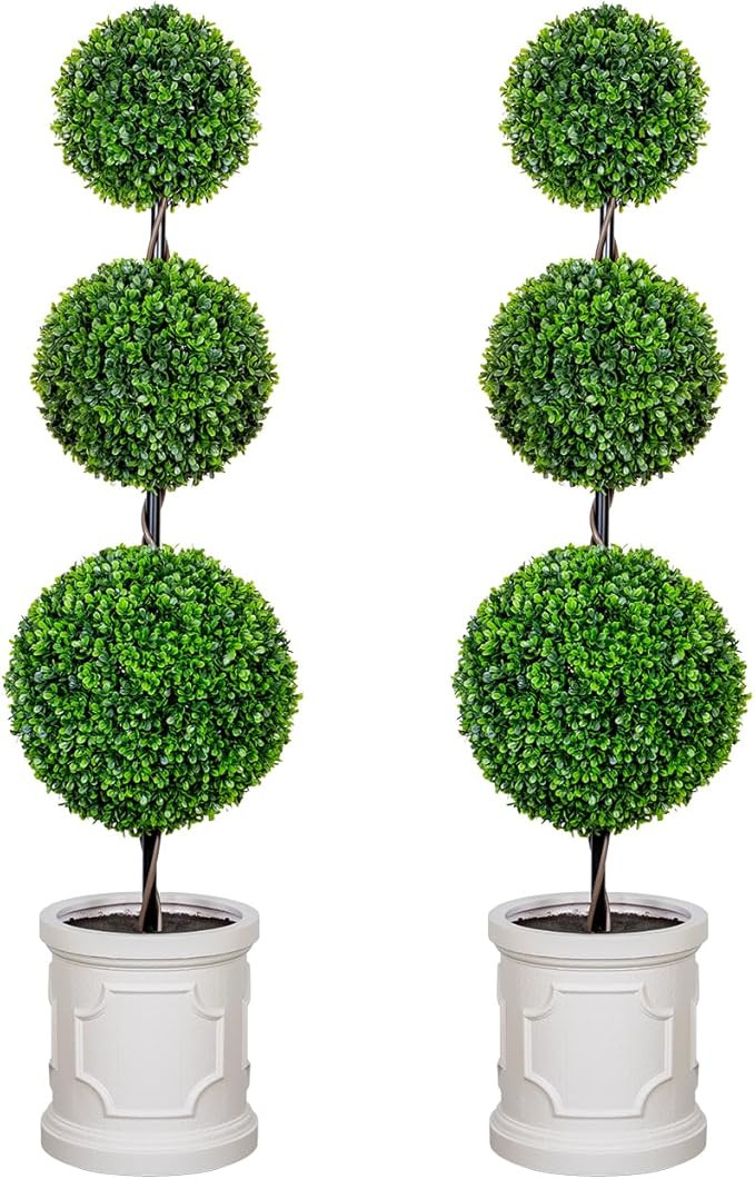 3FT Artificial Triple Ball Topiary Trees with Roman Style Vintage White Planter Pot, Outdoor Indo... | Amazon (US)