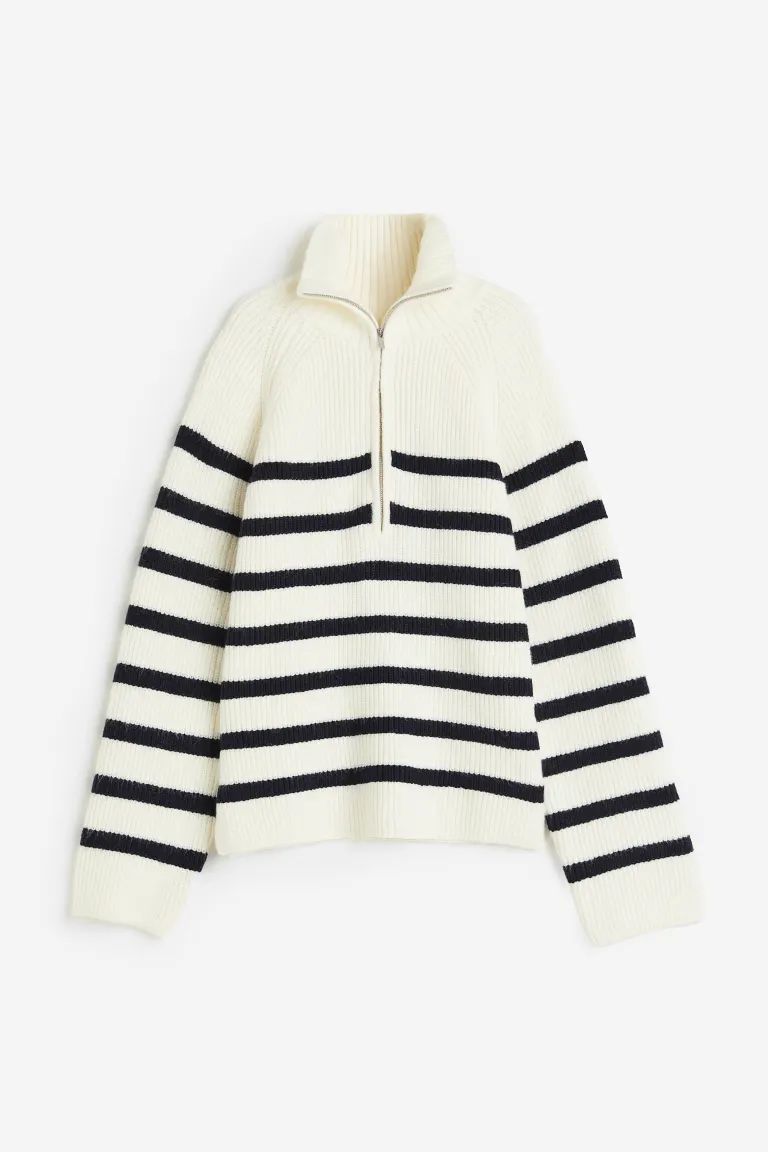 Rib-knit Half-zip Sweater - Cream/striped - Ladies | H&M US | H&M (US)