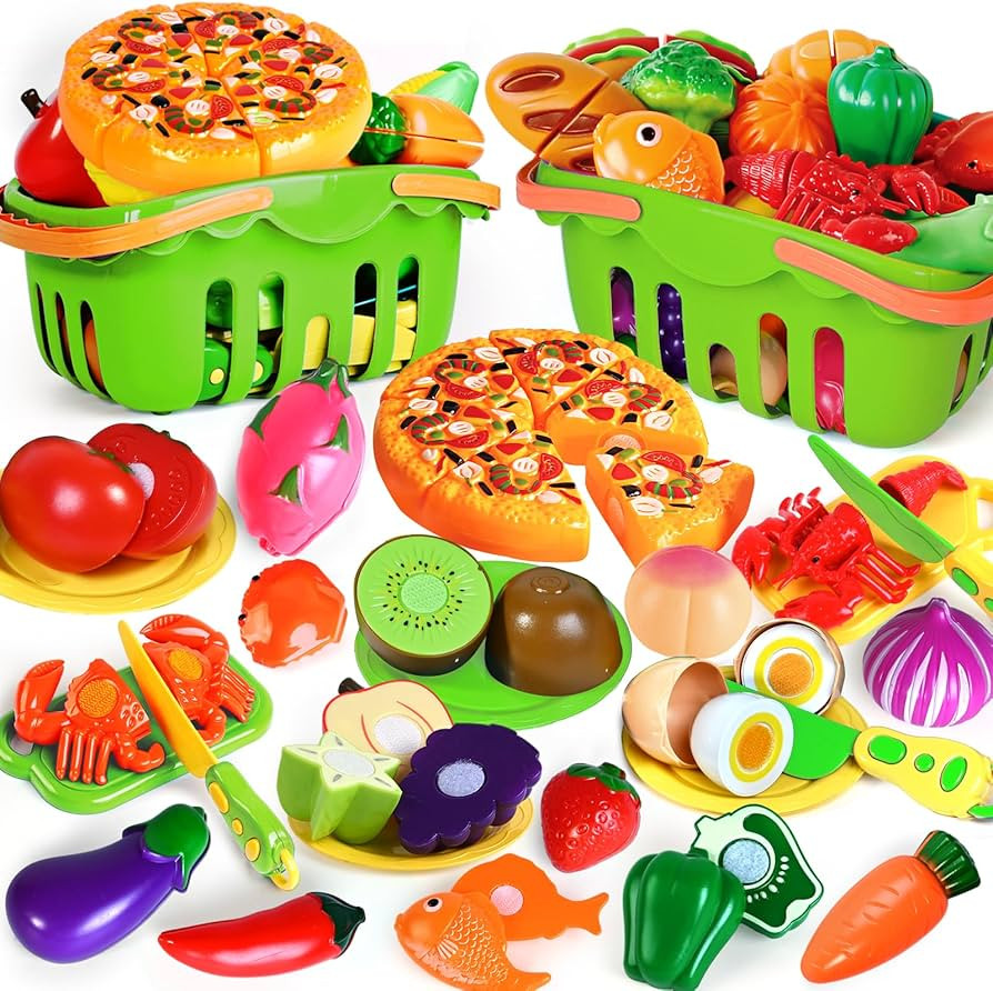 100 PCS Cutting Play Food Toy for Kids Kitchen, Pretend Food Kitchen Toys Accessories with 2 Bask... | Amazon (US)