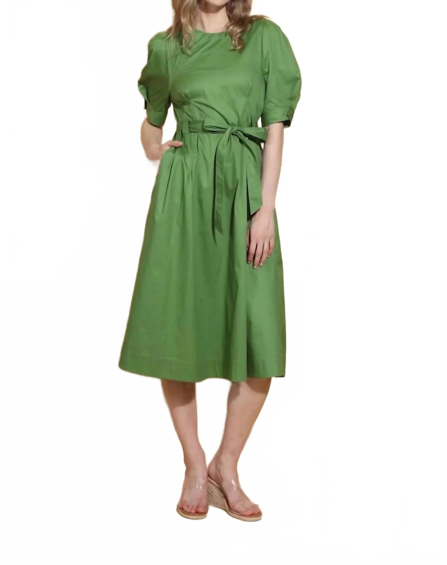 Puff Sleeve Cotton Dress In Green | Shop Simon