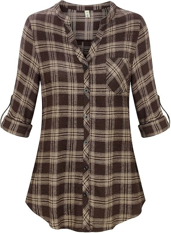 Moyabo Women's Long Sleeve Flannel Plaid Shirt Henley Button Down Blouses Tops V Neck Casual Blou... | Amazon (US)