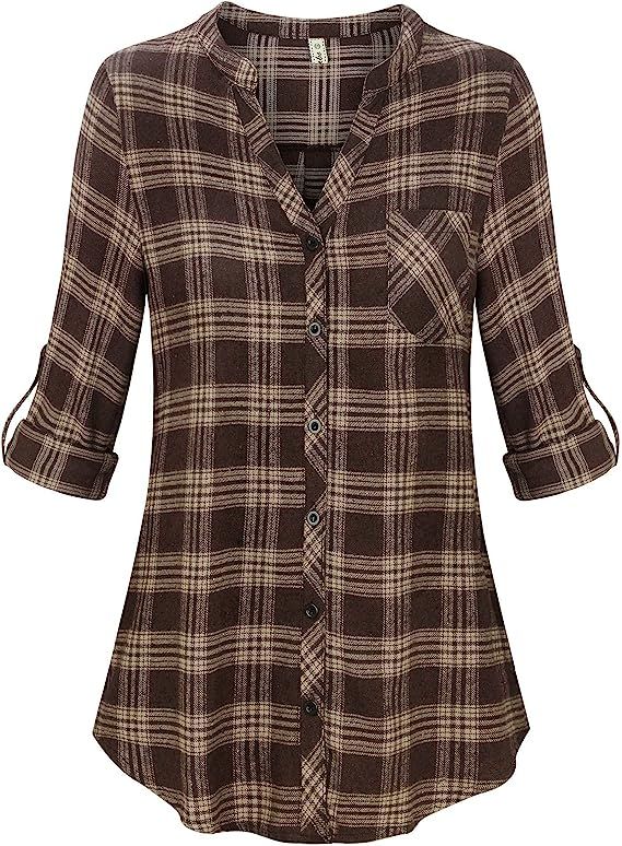 Moyabo Women's Long Sleeve Flannel Plaid Shirt Henley Button Down Blouses Tops V Neck Casual Blou... | Amazon (US)